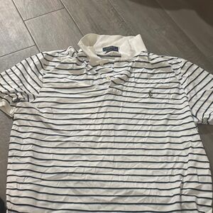 Men's White and Blue Striped Polo Shirt
